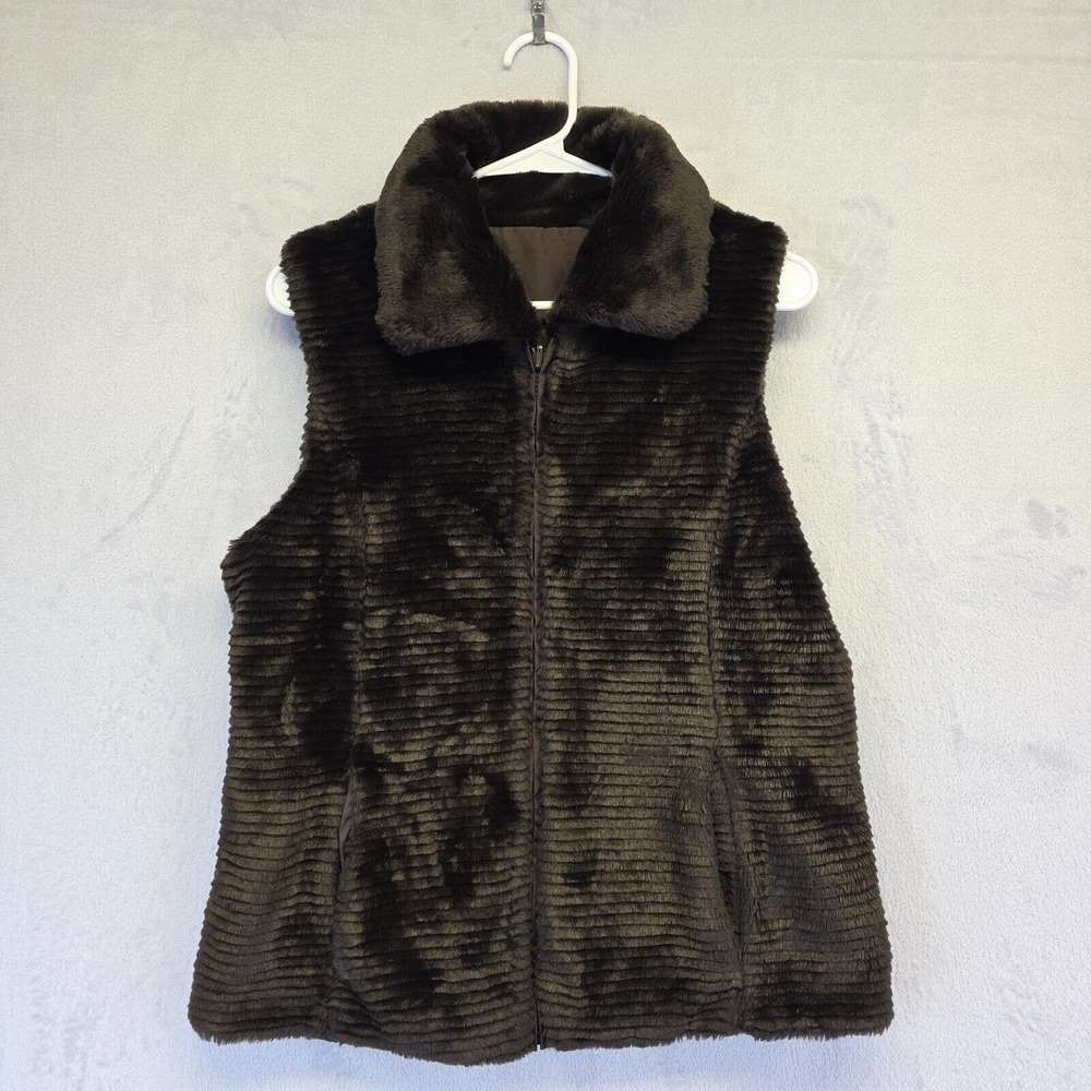 Liz Claiborne Faux Fur Vest Womens M Brown Teddy Reversible Y2K Mob‎ Wife Cozy
